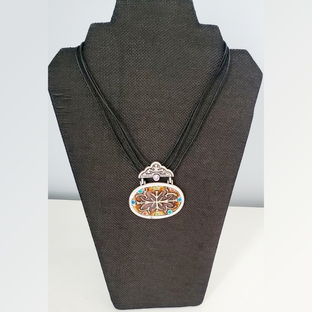 Chicos Triple Black Leather Strand Necklace with Mosaic Medallion Pendant 16"